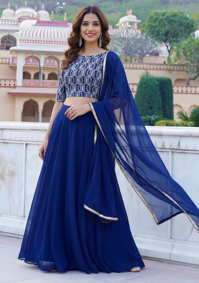 Blue Embroidered Georgette Lehenga Set for Diwali and Festive Wear - Indya