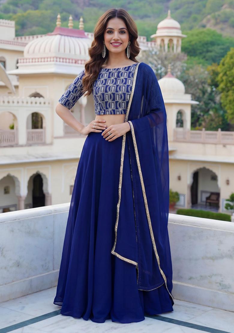 Blue Embroidered Georgette Lehenga Set - Indya