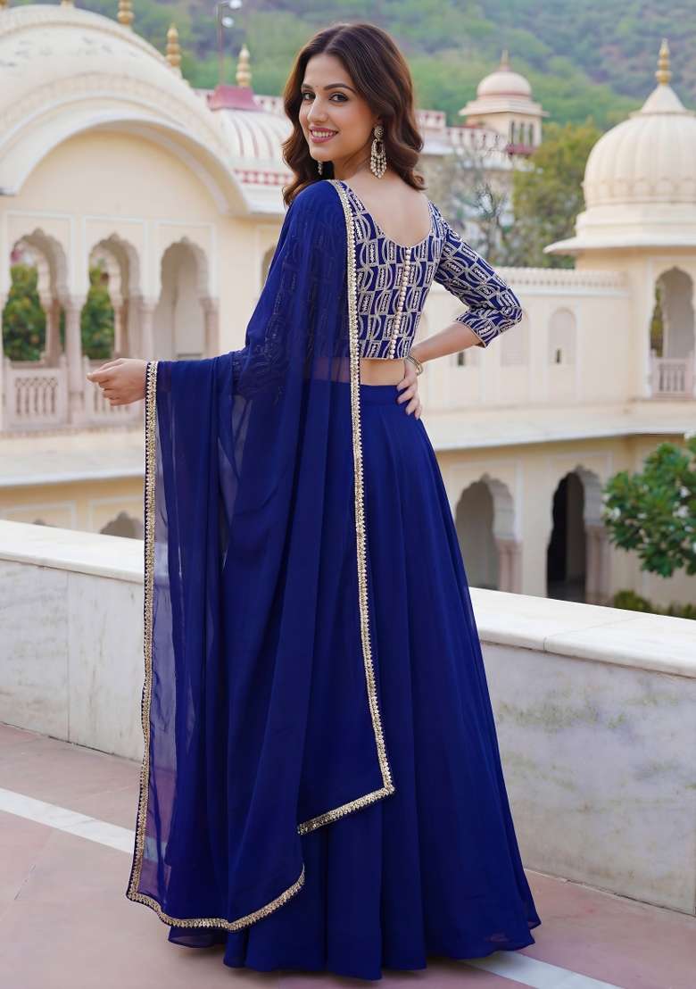 Blue Embroidered Georgette Lehenga Set for Diwali and Festive Wear - Indya