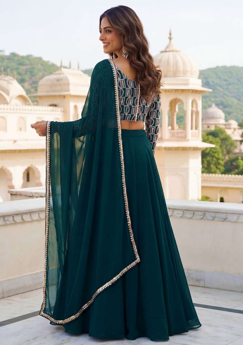 Green Embroidered Georgette Lehenga Set for Diwali and Festive Wear - Indya