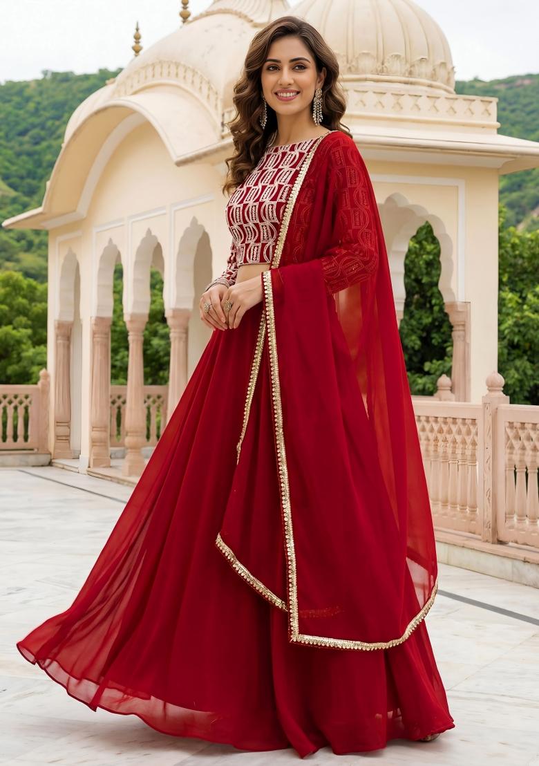 Red Embroidered Georgette Lehenga Set - Indya