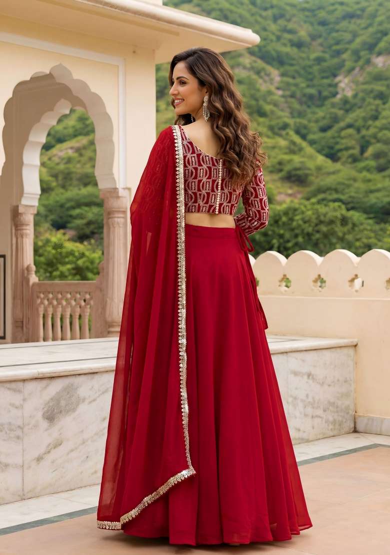 Red Embroidered Georgette Lehenga Set for Diwali and Festive Wear - Indya