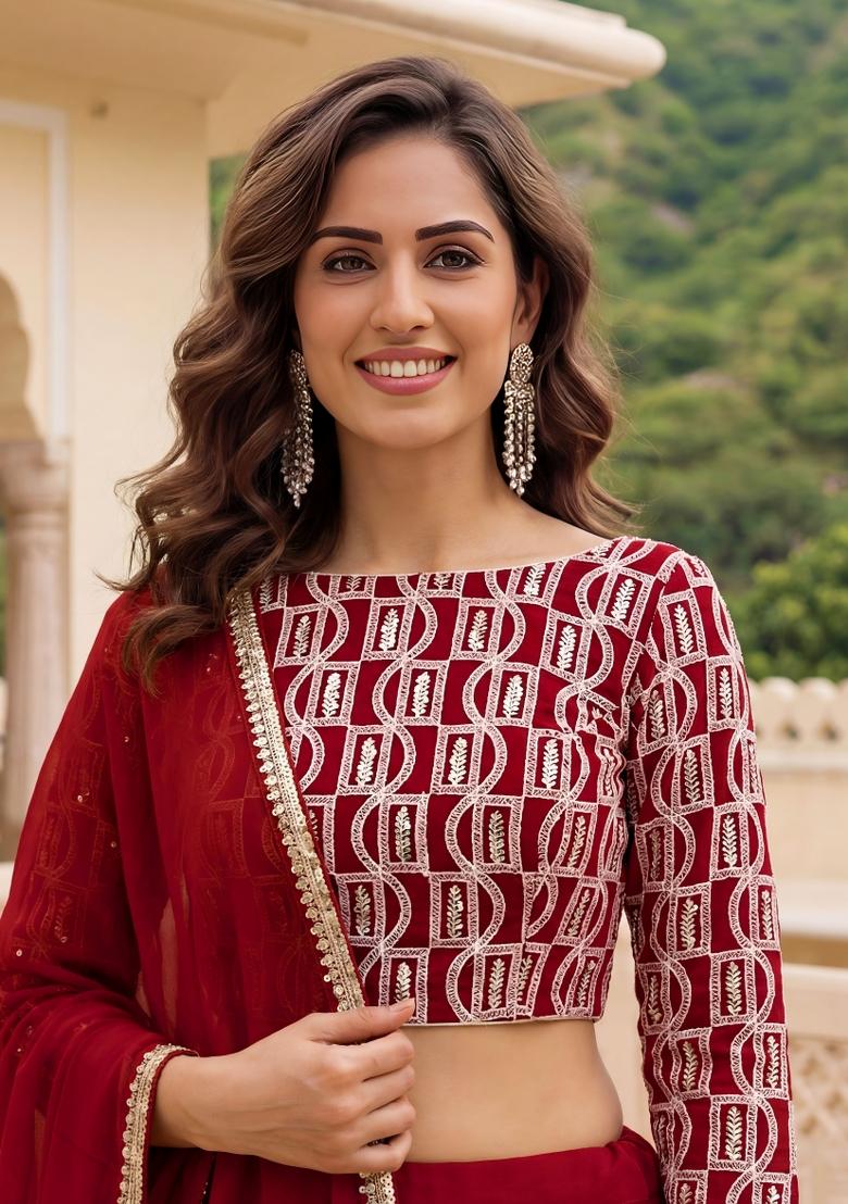Red Embroidered Georgette Lehenga Set - Indya