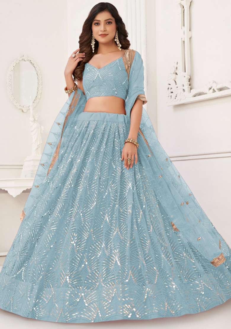 Sky Blue Embroidered Net Lehenga Set for Diwali and Festive Wear - Indya
