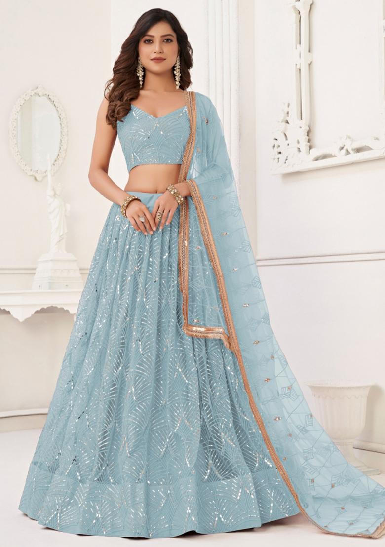 Sky Blue Embroidered Net Lehenga Set - Indya