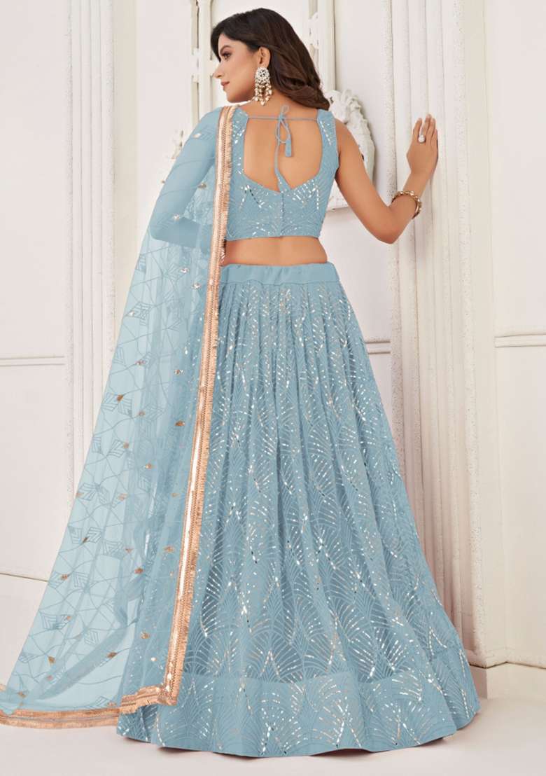 Sky Blue Embroidered Net Lehenga Set for Diwali and Festive Wear - Indya