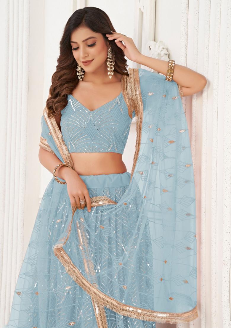 Sky Blue Embroidered Net Lehenga Set - Indya