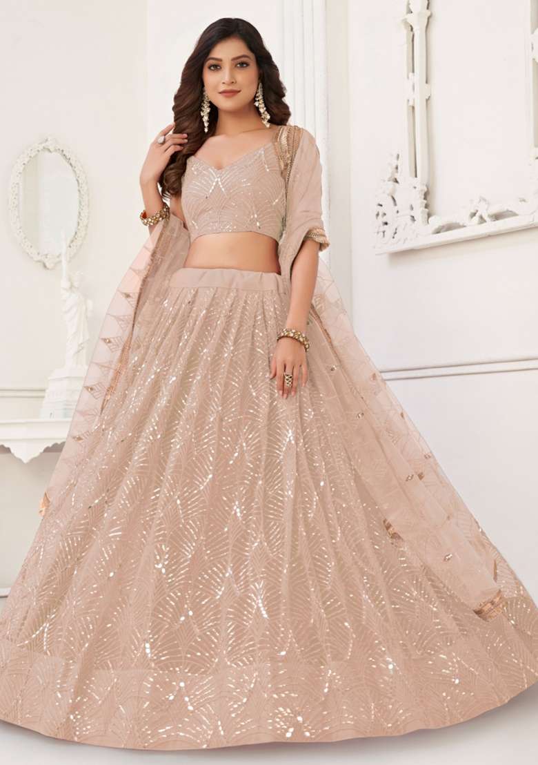 Peach Net Lehenga Set with Embroidered for Diwali | Wedding & Festive Wear - Indya