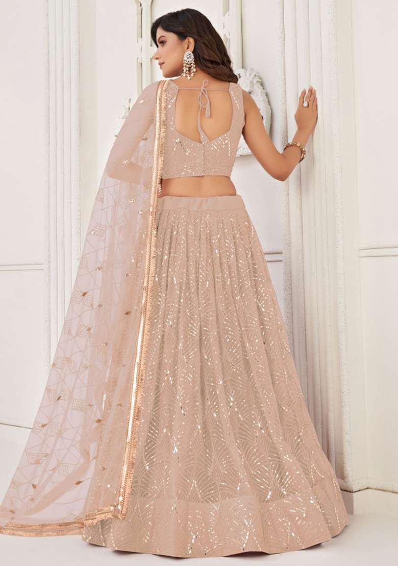 Peach Net Lehenga Set with Embroidered for Diwali | Wedding & Festive Wear - Indya