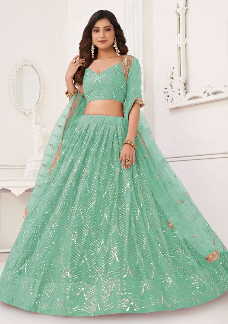 Sea Green Net Lehenga Set with Embroidered for Diwali | Wedding & Festive Wear - Indya