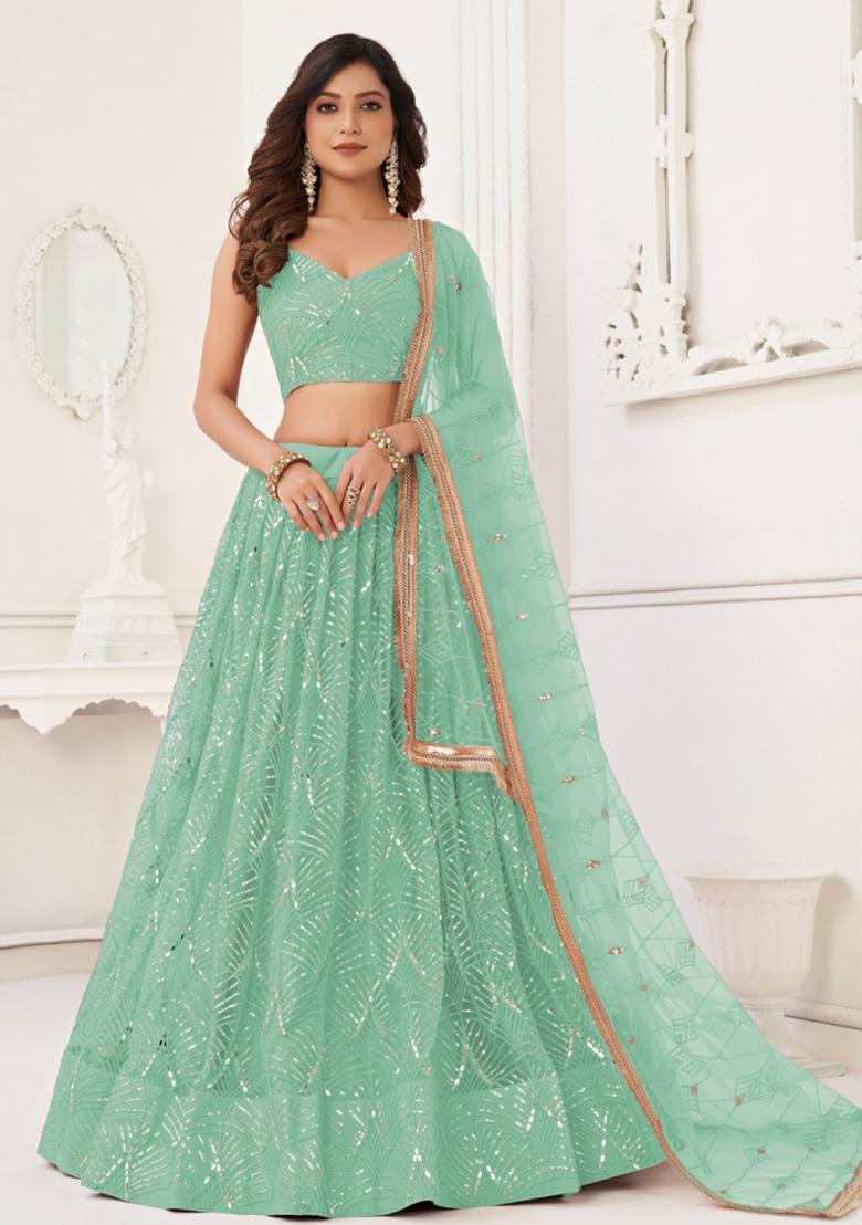 Sea Green Embroidered Net Lehenga Set - Indya