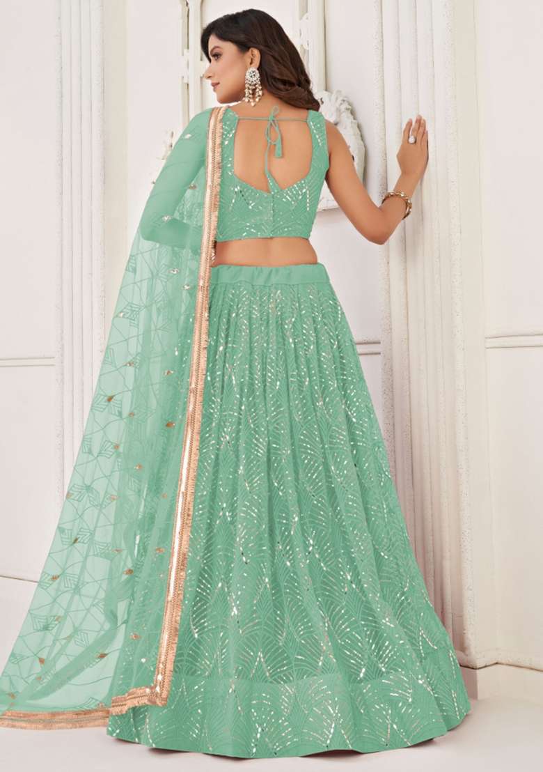 Sea Green Net Lehenga Set with Embroidered for Diwali | Wedding & Festive Wear - Indya
