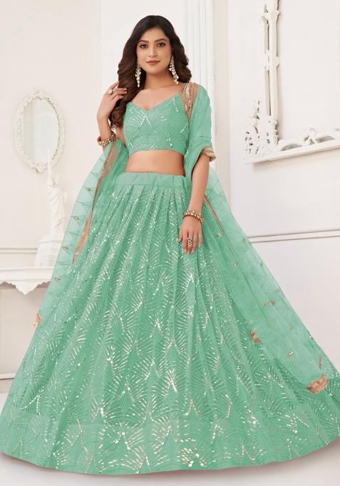 Sea Green Embroidered Net Lehenga Set