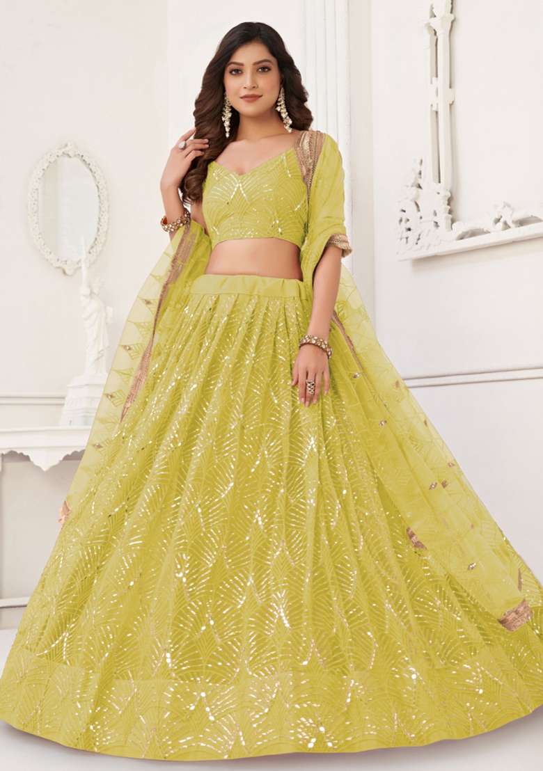Yellow Embroidered Net Lehenga Set for Diwali and Festive Wear - Indya