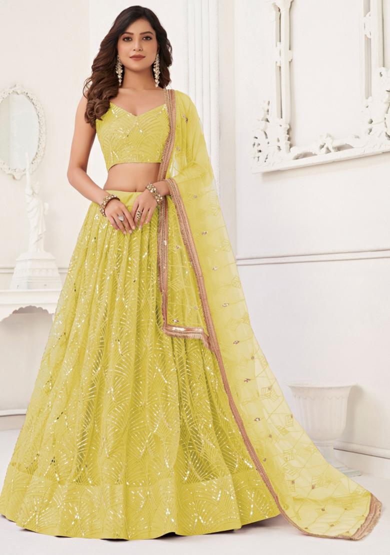 Yellow Embroidered Net Lehenga Set - Indya