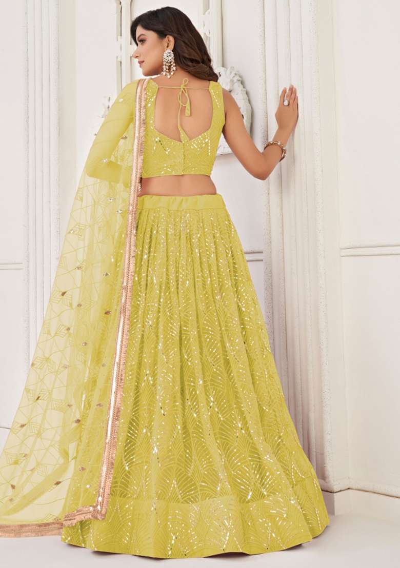 Yellow Embroidered Net Lehenga Set for Diwali and Festive Wear - Indya