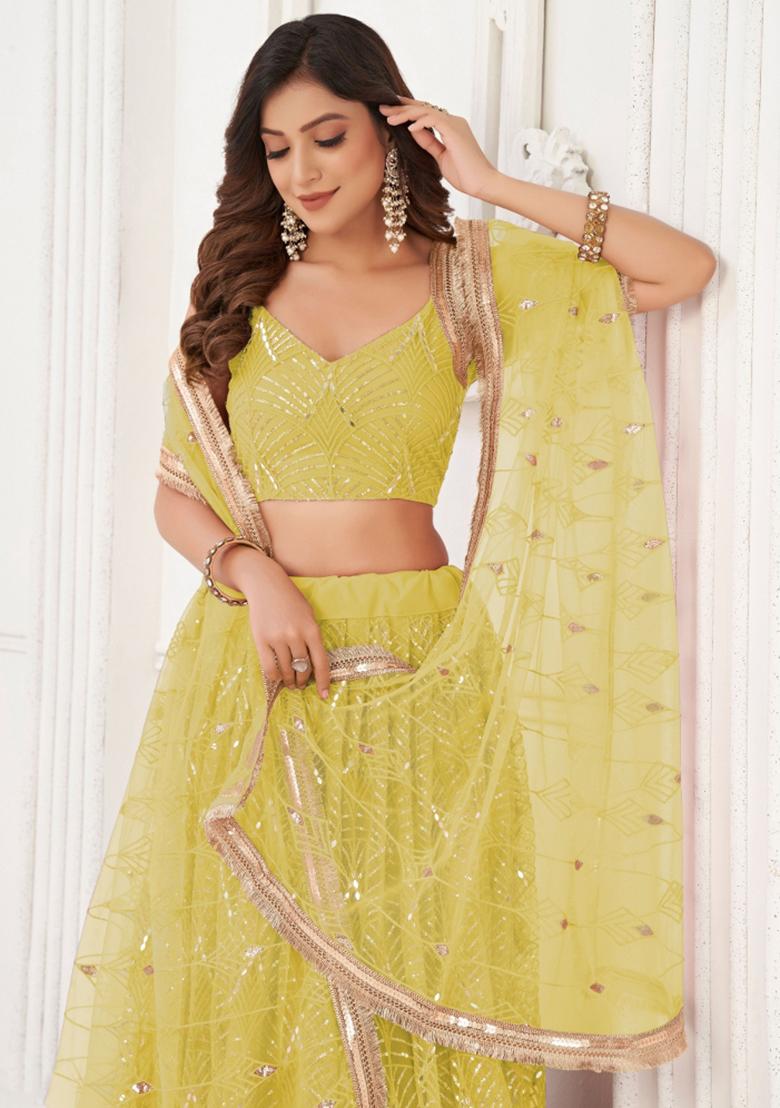 Yellow Embroidered Net Lehenga Set - Indya