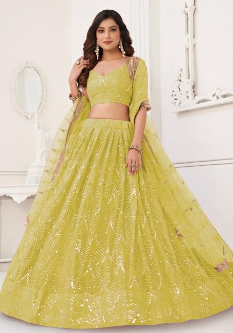 Yellow Embroidered Net Lehenga Set