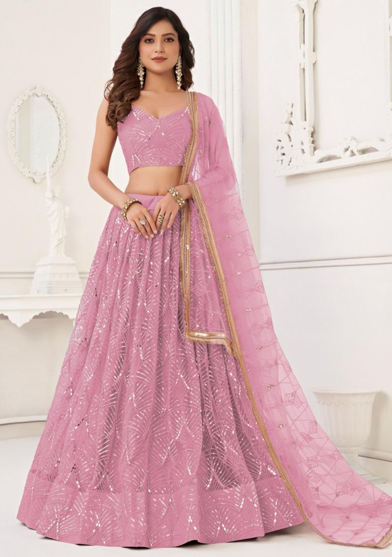 Pink Embroidered Net Lehenga Set - Indya