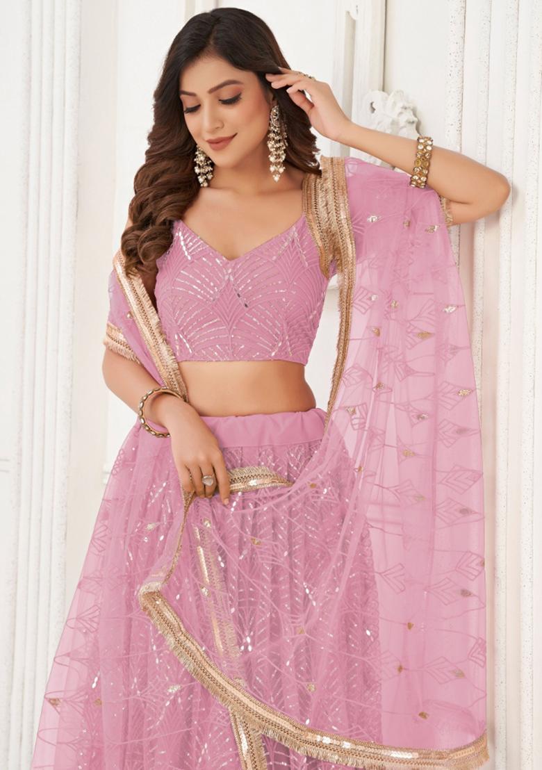 Pink Embroidered Net Lehenga Set - Indya
