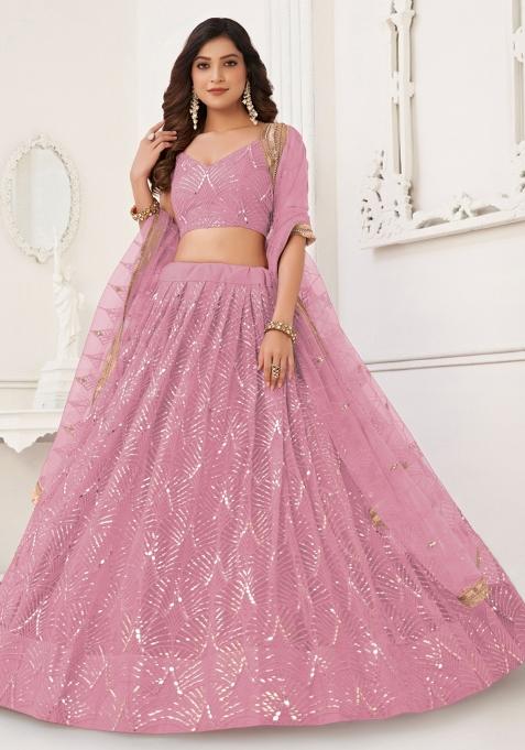Pink Embroidered Net Lehenga Set