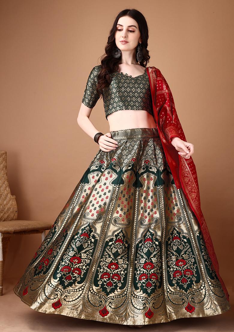 Multicolor Jacquard Work Silk Lehenga Set - Indya