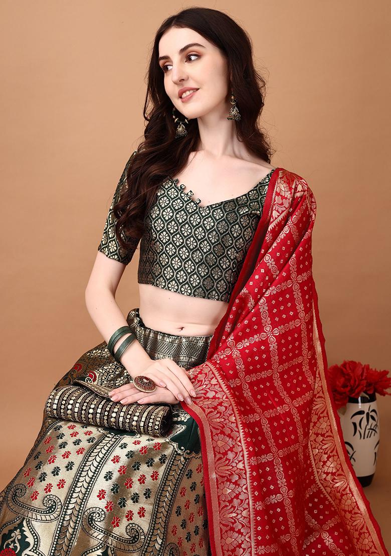 Multicolor Jacquard Work Silk Lehenga Set - Indya