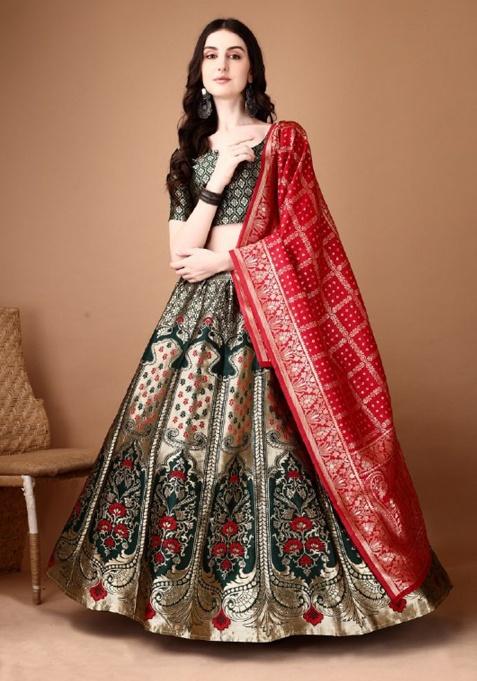 Multicolor Jacquard Work Silk Lehenga Set