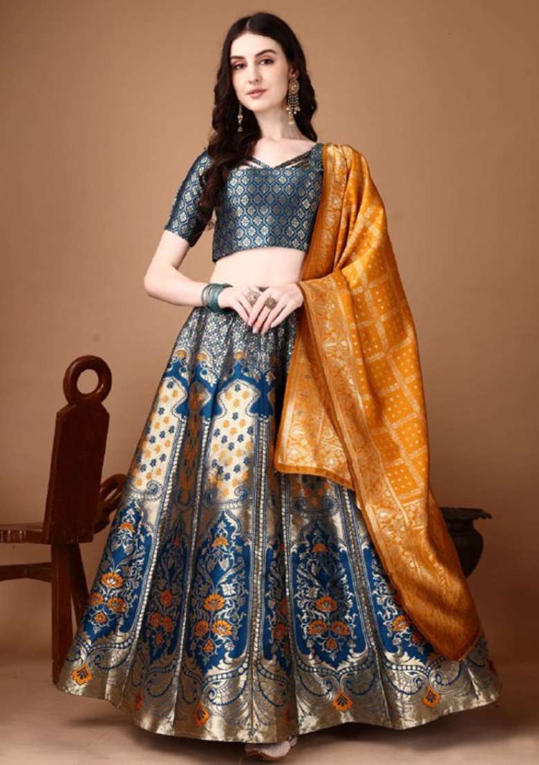 Multicolor Jacquard Work Silk Blend Lehenga Set for Diwali | Wedding & Festive Wear - Indya