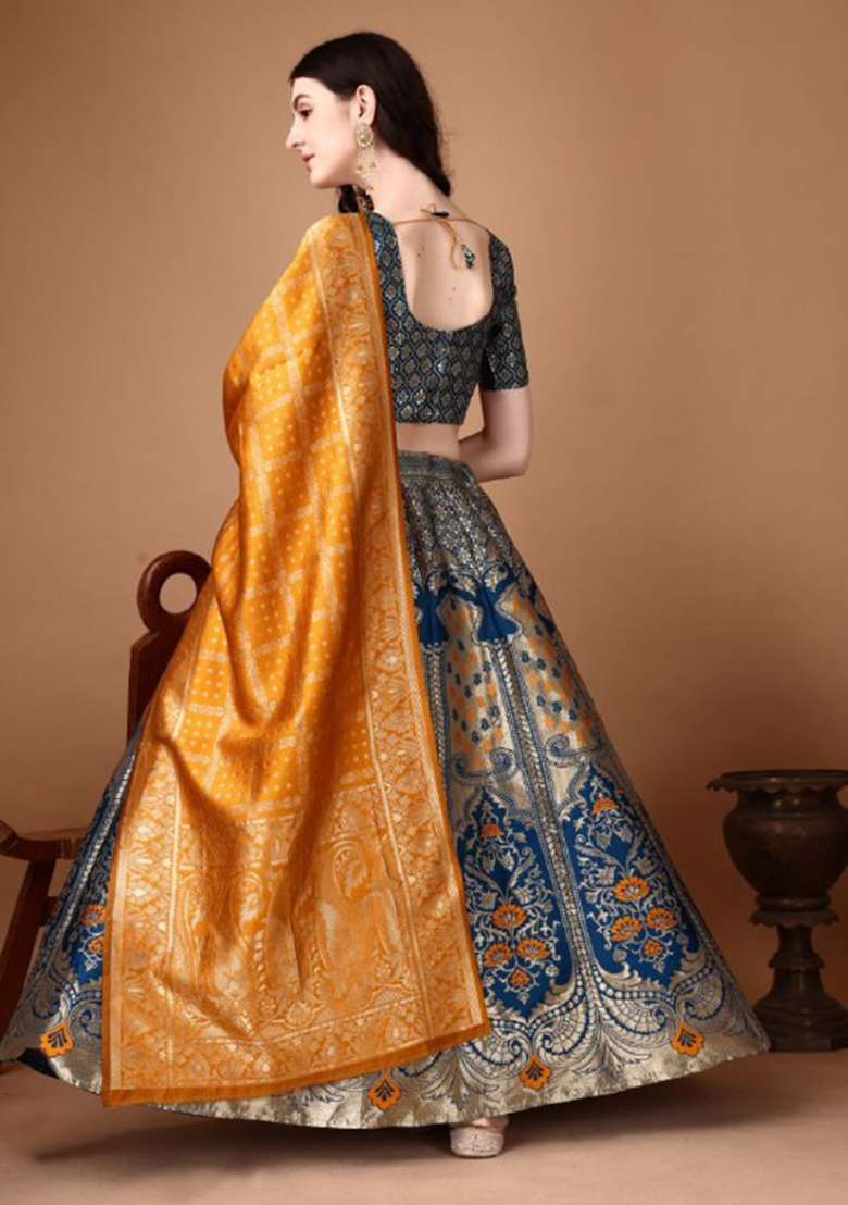 Multicolor Jacquard Work Silk Blend Lehenga Set for Diwali | Wedding & Festive Wear - Indya