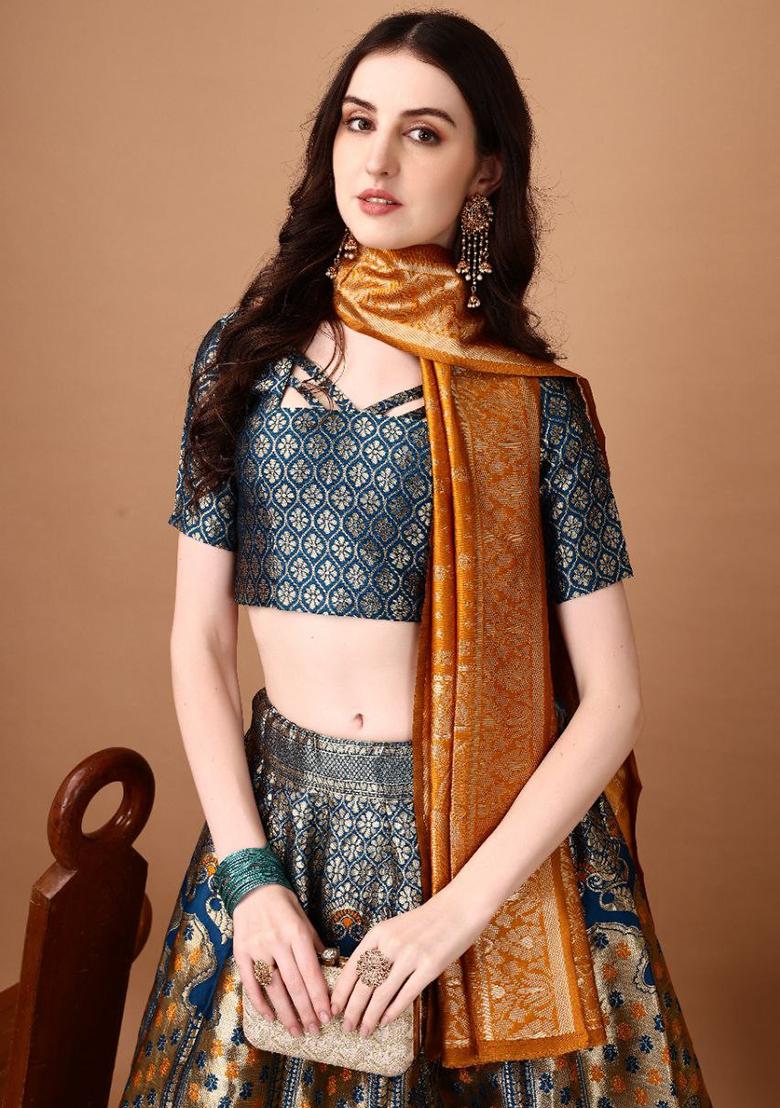 Multicolor Jacquard Work Silk Lehenga Set - Indya