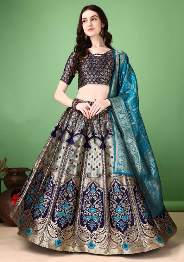 Multicolor Jacquard Work Silk Blend Lehenga Set for Diwali and Festive Wear - Indya