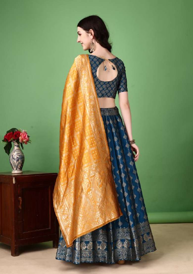Multicolor Jacquard Work Silk Blend Lehenga Set for Diwali and Festive Wear - Indya