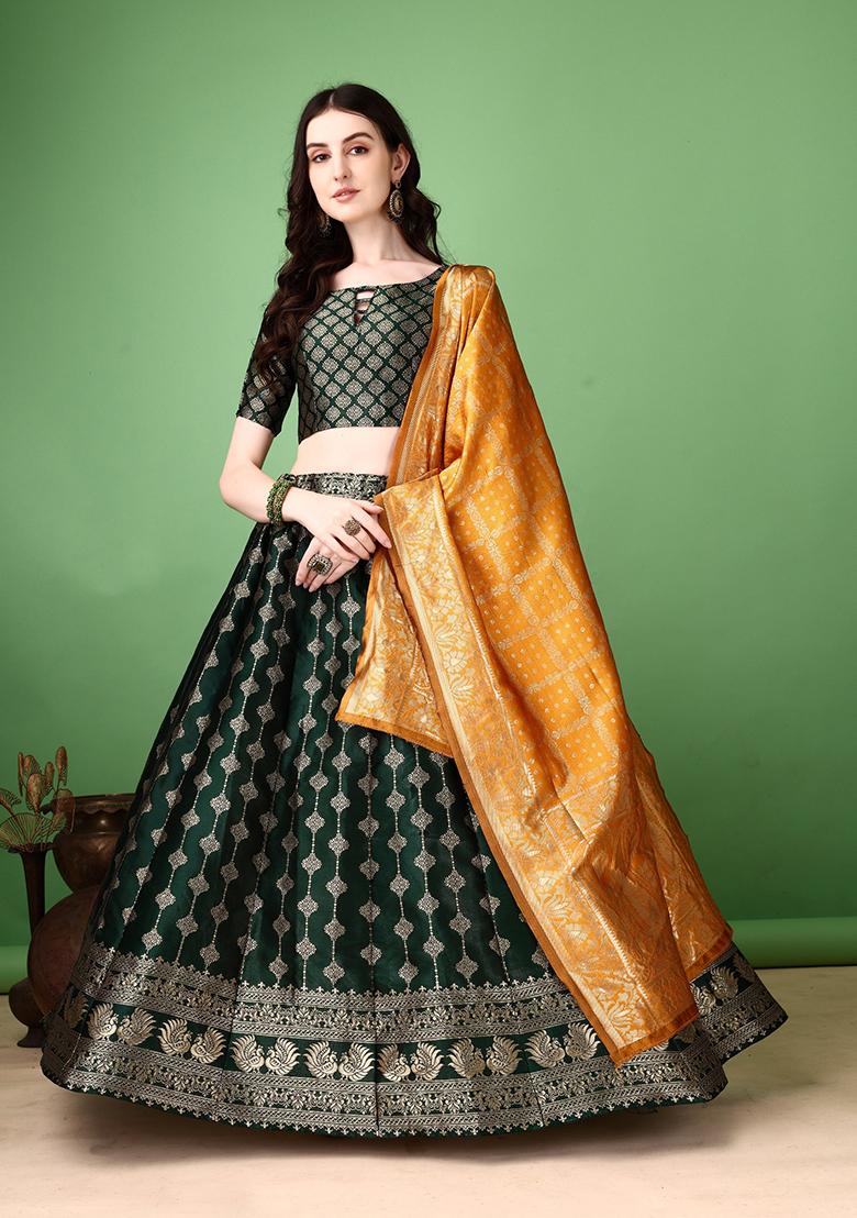 Multicolor Jacquard Work Silk Lehenga Set - Indya