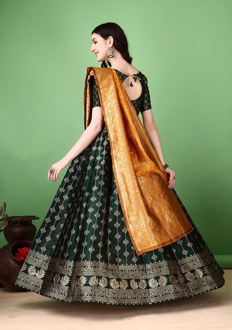 Multicolor Jacquard Work Silk Lehenga Set - Indya