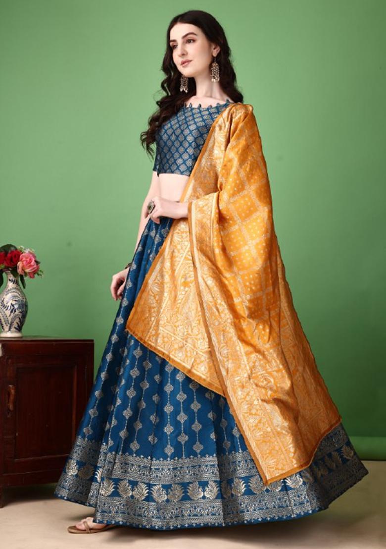 Multicolor Jacquard Work Silk Lehenga Set - Indya