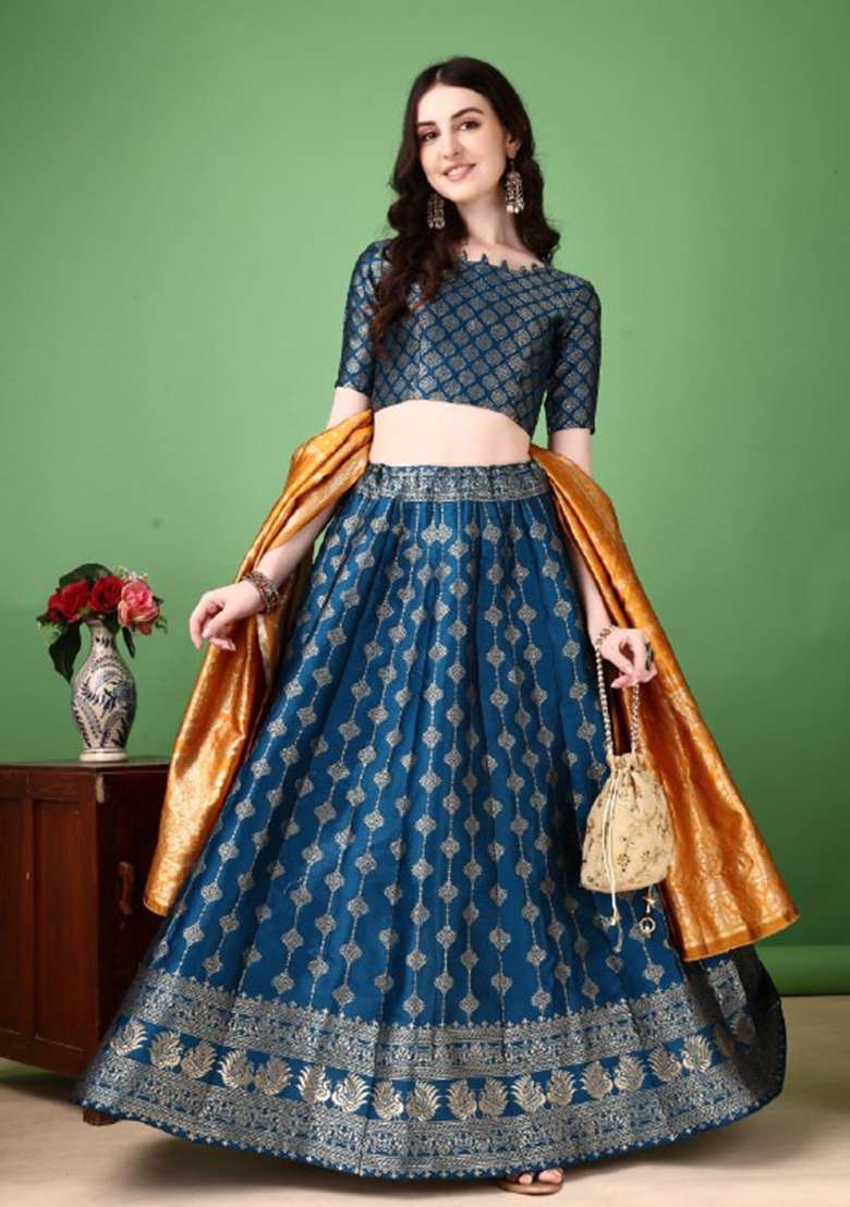 Multicolor Jacquard Work Silk Blend Lehenga Set for Diwali | Wedding & Festive Wear - Indya