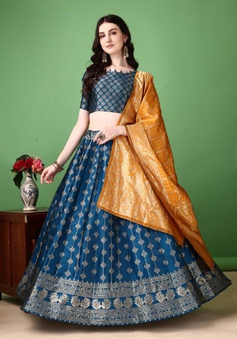 Multicolor Jacquard Work Silk Lehenga Set