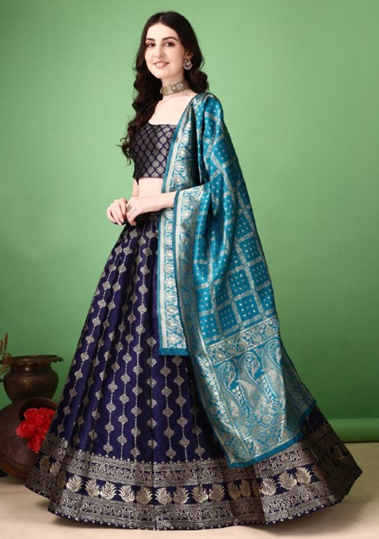 Multicolor Jacquard Work Silk Lehenga Set - Indya