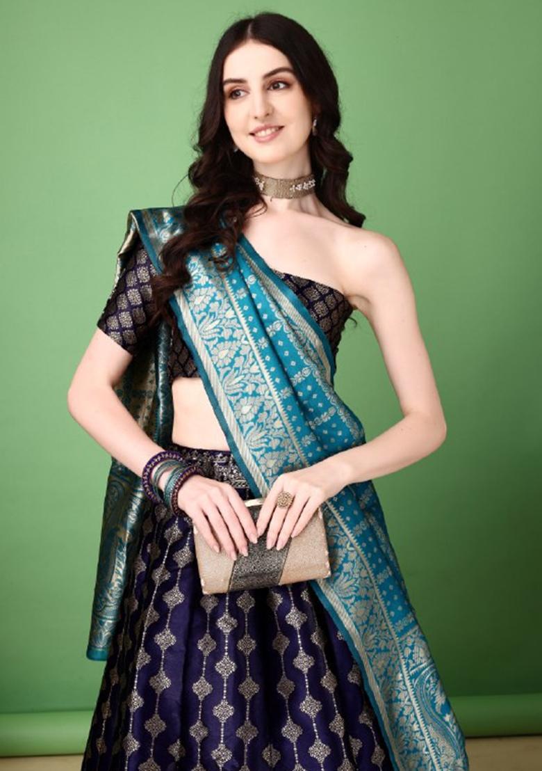 Multicolor Jacquard Work Silk Lehenga Set - Indya