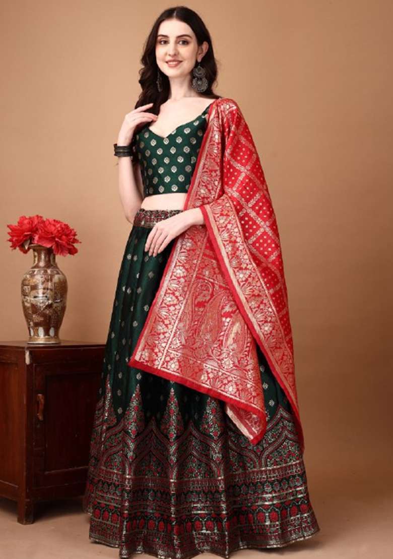 Multicolor Jacquard Work Silk Blend Lehenga Set for Diwali | Wedding & Festive Wear - Indya