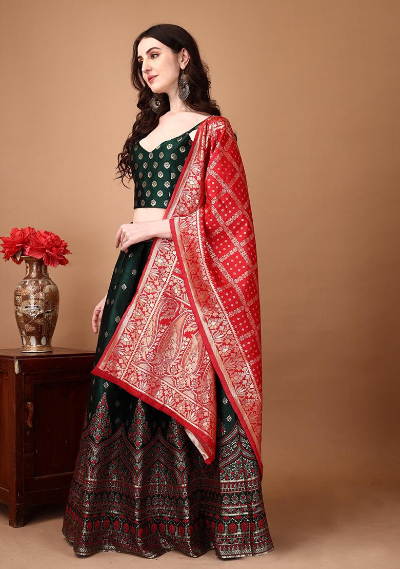 Multicolor Jacquard Work Silk Lehenga Set - Indya