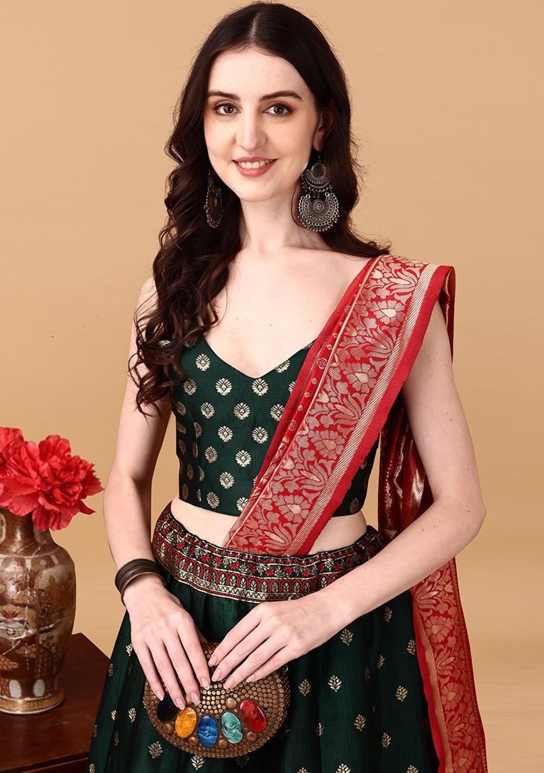 Multicolor Jacquard Work Silk Lehenga Set - Indya