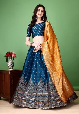 Multicolor Jacquard Work Silk Lehenga Set