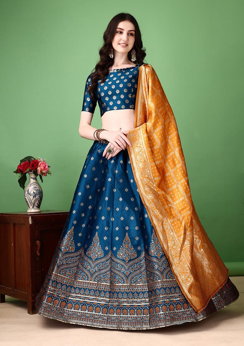Multicolor Jacquard Work Silk Lehenga Set - Indya