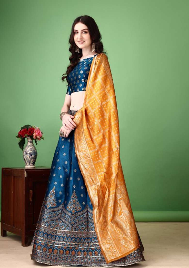 Multicolor Jacquard Work Silk Blend Lehenga Set for Diwali | Wedding & Festive Wear - Indya