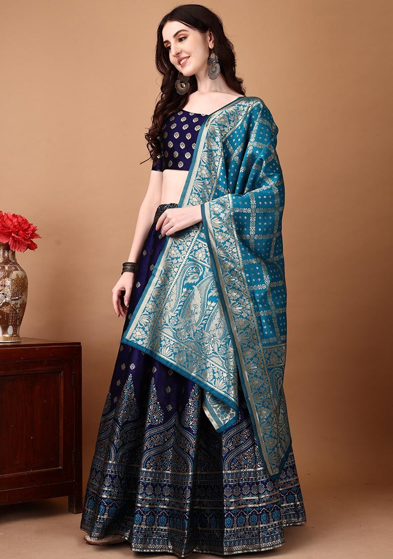 Multicolor Jacquard Work Silk Lehenga Set - Indya