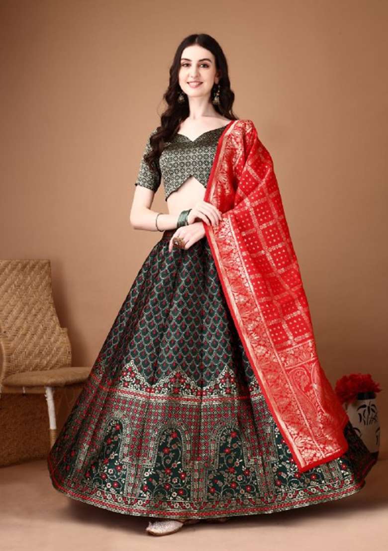 Multicolor Jacquard Work Silk Blend Lehenga Set for Diwali and Festive Wear - Indya