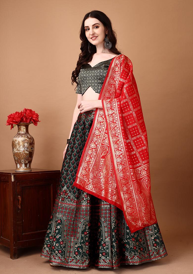Multicolor Jacquard Work Silk Lehenga Set - Indya