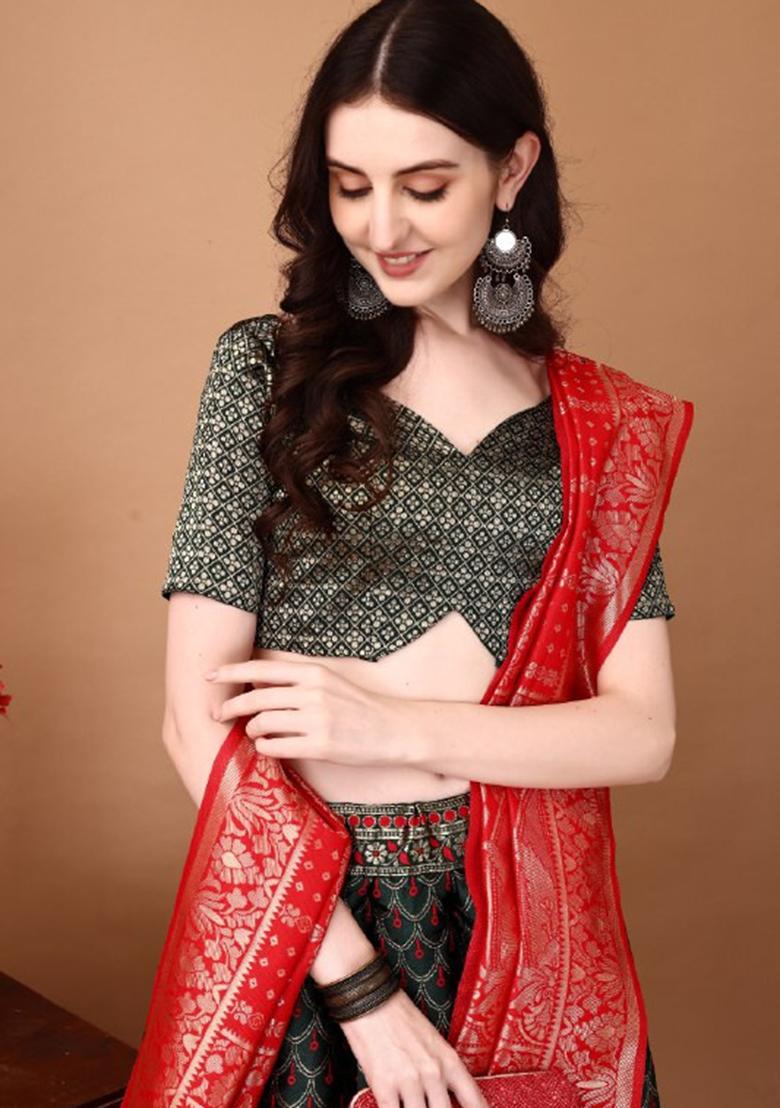 Multicolor Jacquard Work Silk Lehenga Set - Indya